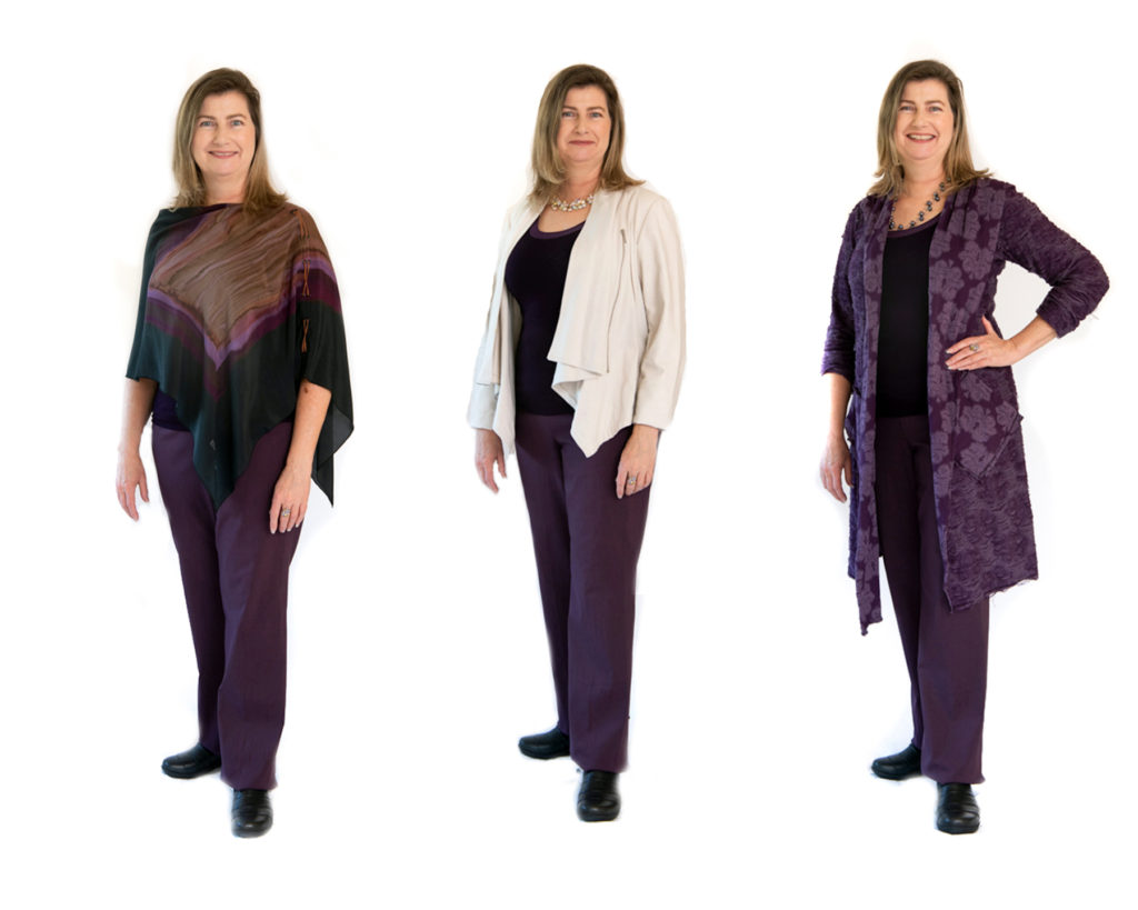 Woman wears three different outfits in black and violet to demonstrate her personal colors and her "New Black."