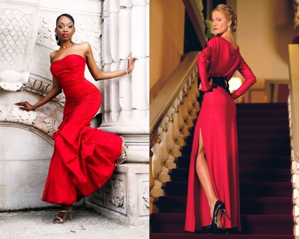 Women wearing gorgous red dresses.
