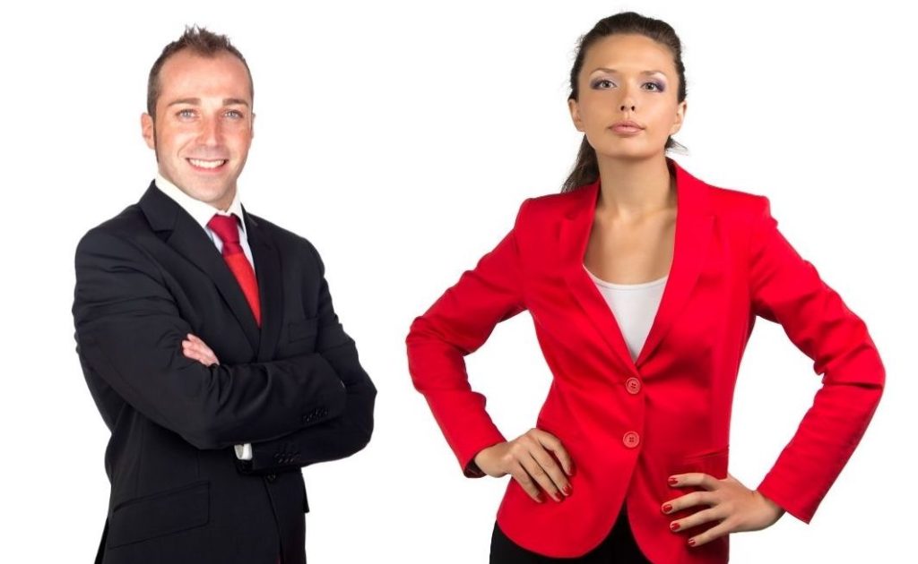 Man and women in business wardrobe wearing red 