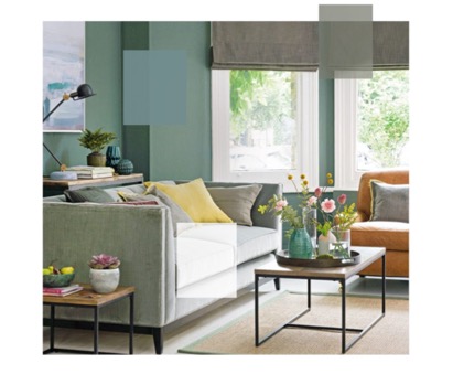 Interior design with a tranquil green color palette for the living room.