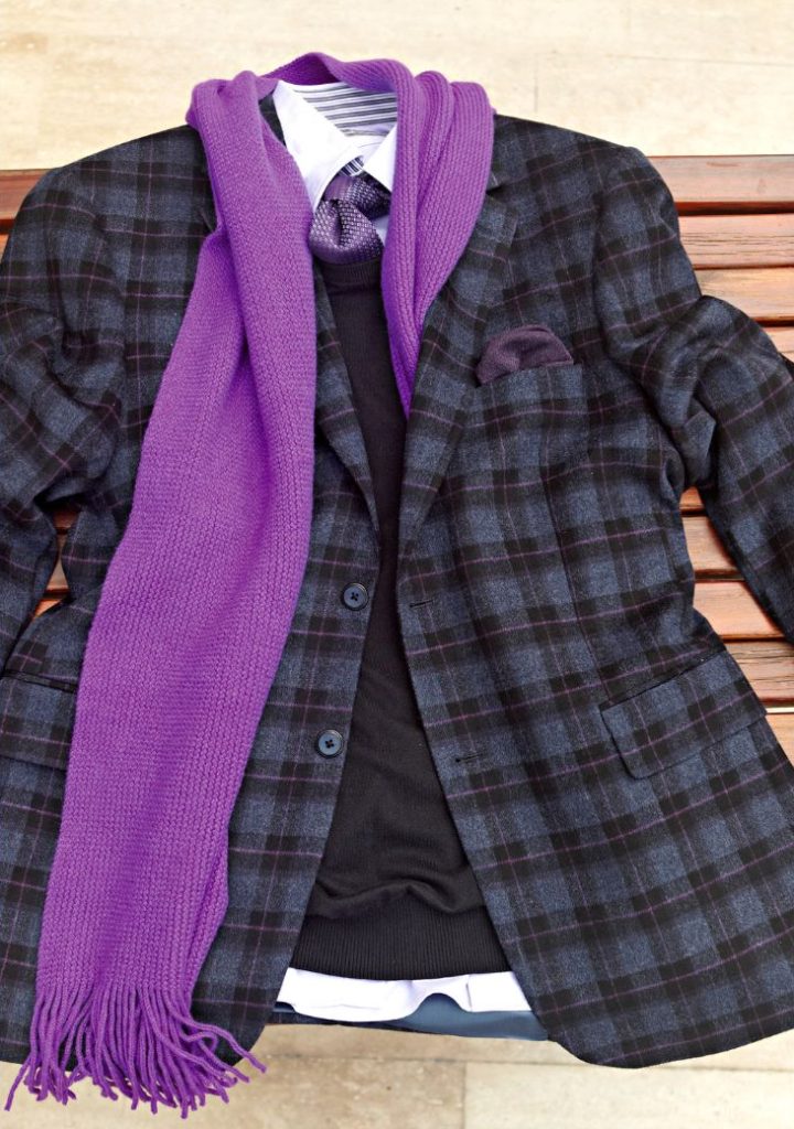 Men's blazer with purple scarf